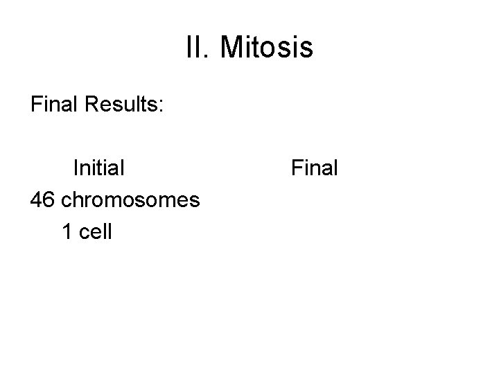 II. Mitosis Final Results: Initial 46 chromosomes 1 cell Final 
