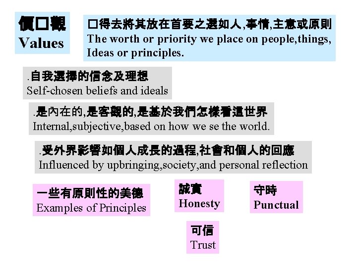 價�觀 Values �得去將其放在首要之選如人 , 事情, 主意或原則 The worth or priority we place on people,