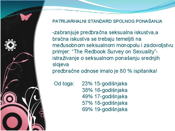 PATRIJARHALNI STANDARD SPOLNOG PONAŠANJA -zabranjuje predbračna seksualna iskustva, a bračna iskustva se trebaju temeljiti