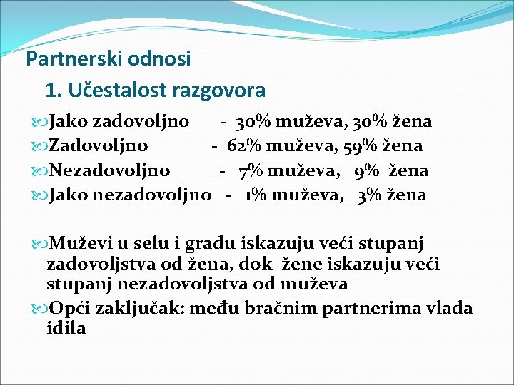 Partnerski odnosi 1. Učestalost razgovora Jako zadovoljno - 30% muževa, 30% žena Zadovoljno -