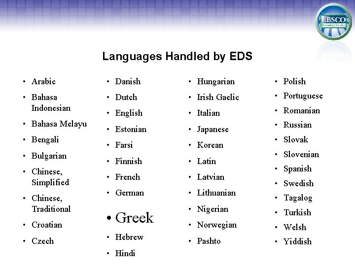 Languages Handled by EDS • Arabic • Danish • Hungarian • Polish • Bahasa