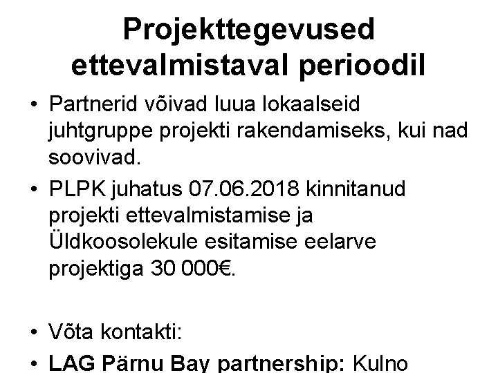 Projekttegevused ettevalmistaval perioodil • Partnerid võivad luua lokaalseid juhtgruppe projekti rakendamiseks, kui nad soovivad.