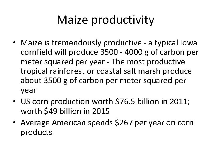 Maize productivity • Maize is tremendously productive - a typical Iowa cornfield will produce