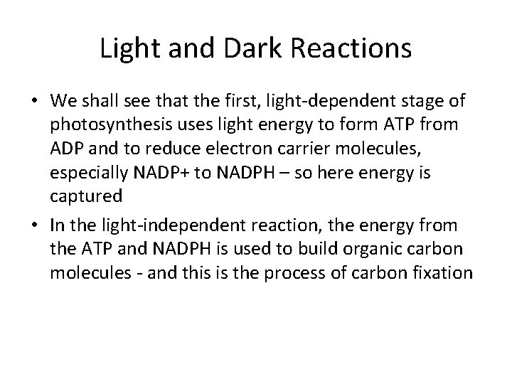 Light and Dark Reactions • We shall see that the first, light-dependent stage of