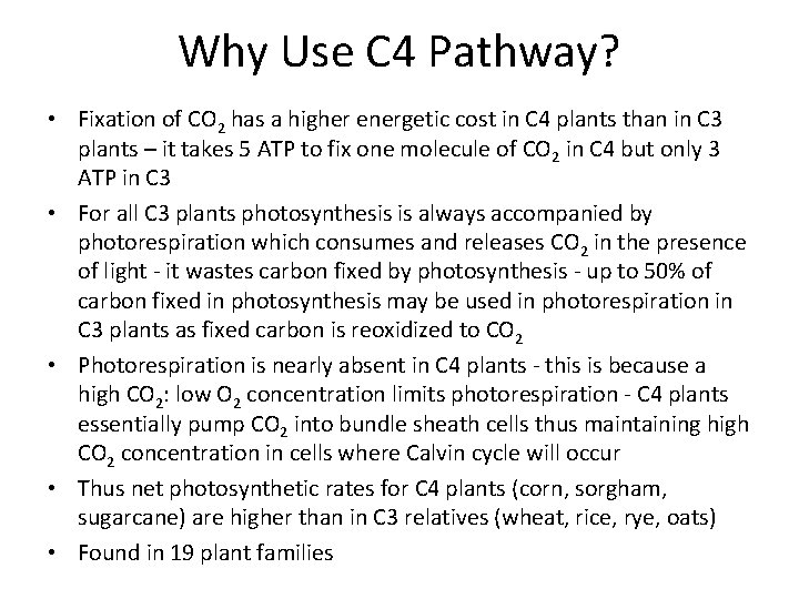 Why Use C 4 Pathway? • Fixation of CO 2 has a higher energetic