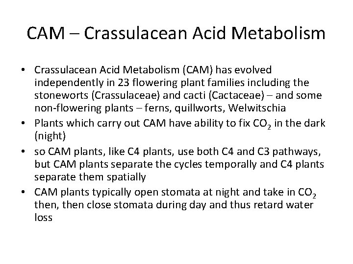 CAM – Crassulacean Acid Metabolism • Crassulacean Acid Metabolism (CAM) has evolved independently in