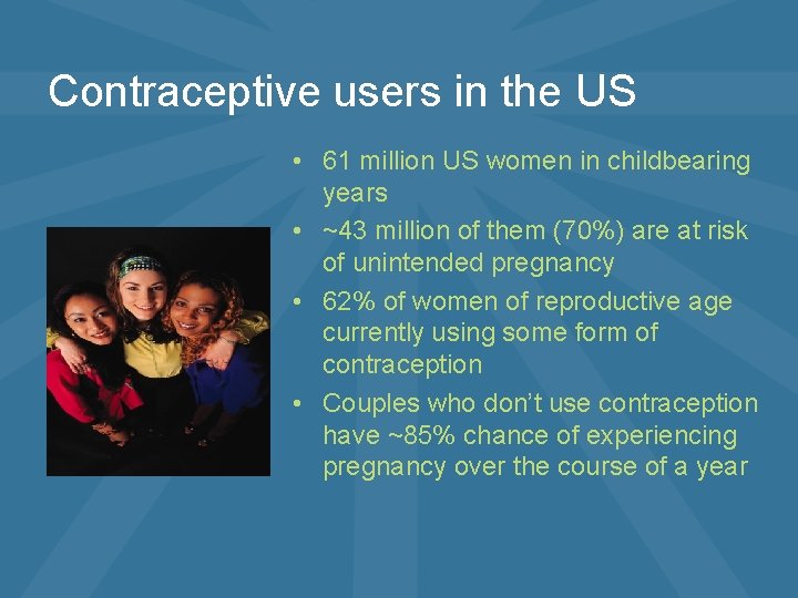 Contraceptive users in the US • 61 million US women in childbearing years •