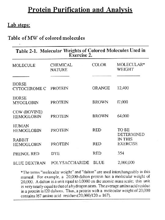 Protein Purification and Analysis Lab steps: Table of MW of colored molecules 
