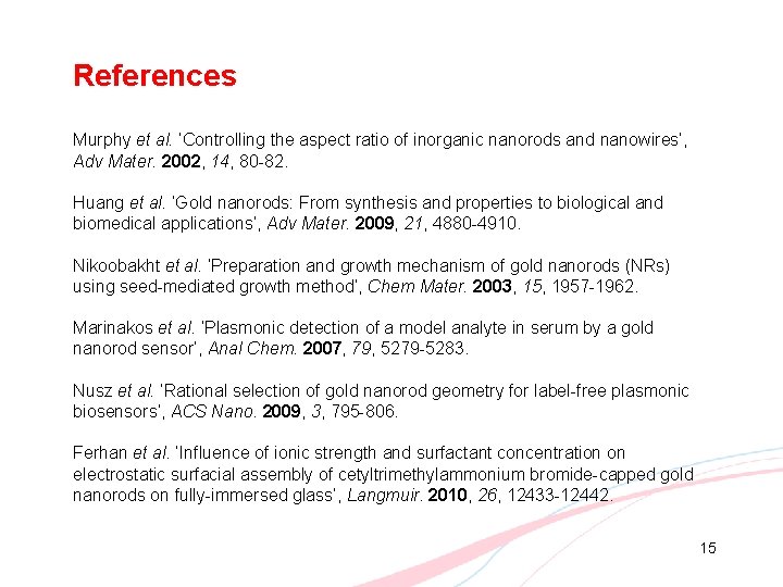 References Murphy et al. ‘Controlling the aspect ratio of inorganic nanorods and nanowires’, Adv