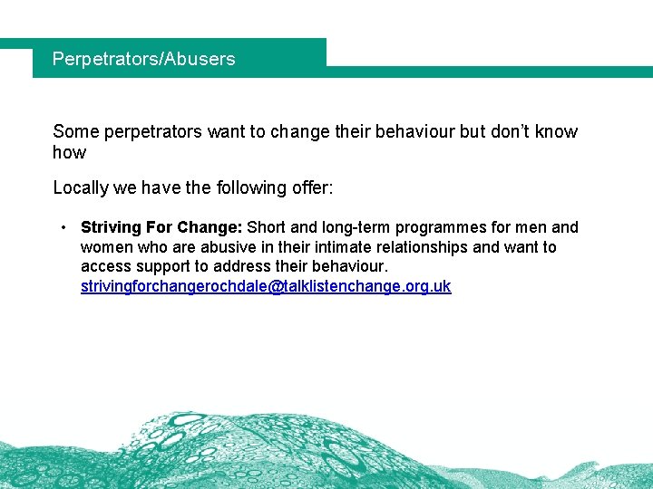 Perpetrators/Abusers Some perpetrators want to change their behaviour but don’t know how Locally we