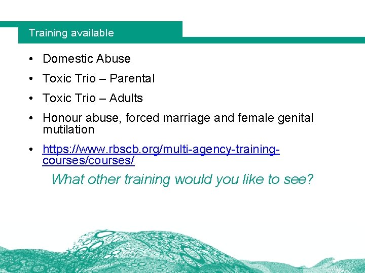 Training available • Domestic Abuse • Toxic Trio – Parental • Toxic Trio –