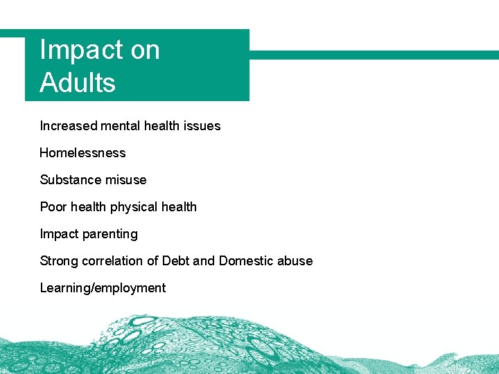 Impact on Adults Increased mental health issues Homelessness Substance misuse Poor health physical health