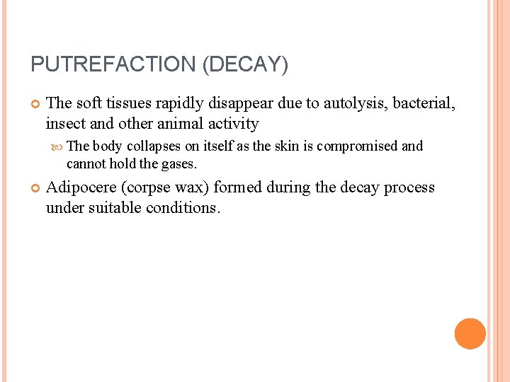 PUTREFACTION (DECAY) The soft tissues rapidly disappear due to autolysis, bacterial, insect and other