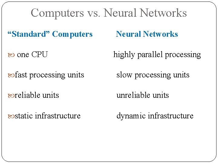 Computers vs. Neural Networks “Standard” Computers one CPU Neural Networks highly parallel processing fast