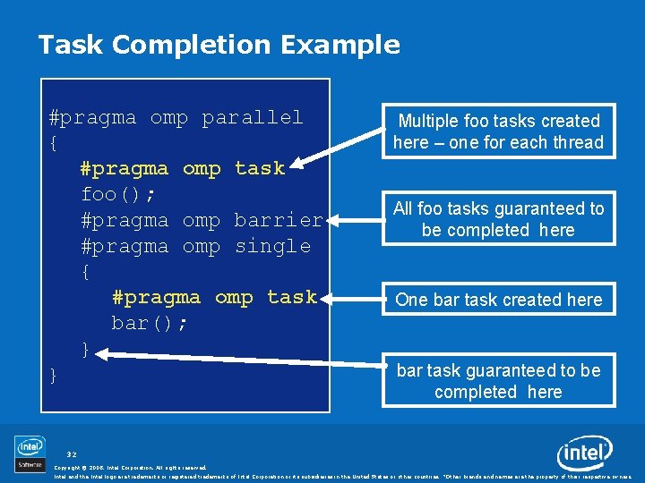 Task Completion Example #pragma omp parallel { #pragma omp task foo(); #pragma omp barrier