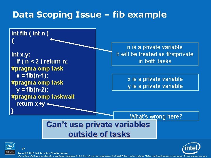 Data Scoping Issue – fib example int fib ( int n ) { int