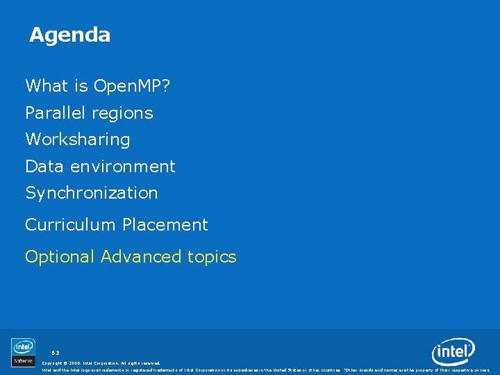 Agenda What is Open. MP? Parallel regions Worksharing Data environment Synchronization Curriculum Placement Optional