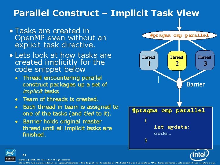 Parallel Construct – Implicit Task View • Tasks are created in Open. MP even