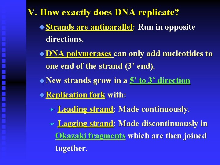 V. How exactly does DNA replicate? u Strands are antiparallel: Run in opposite directions.