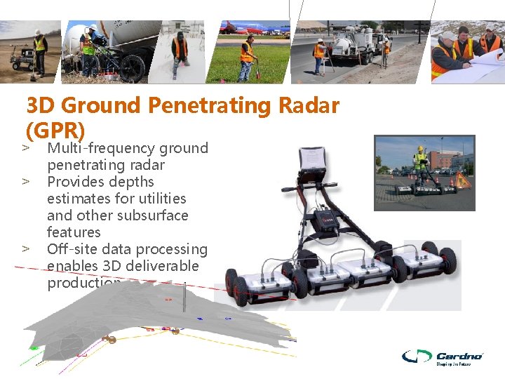 3 D Ground Penetrating Radar (GPR) > > > Multi-frequency ground penetrating radar Provides