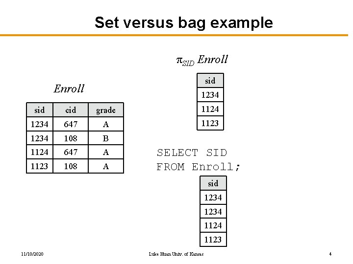 Set versus bag example πSID Enroll sid Enroll 1234 sid cid grade 1124 1234