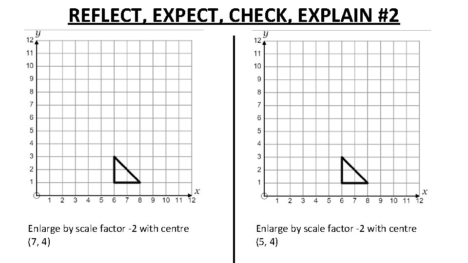 REFLECT, EXPECT, CHECK, EXPLAIN #2 Enlarge by scale factor -2 with centre (7, 4) REFLECT, EXPECT, CHECK, EXPLAIN #2 Enlarge by scale factor -2 with centre (7, 4)