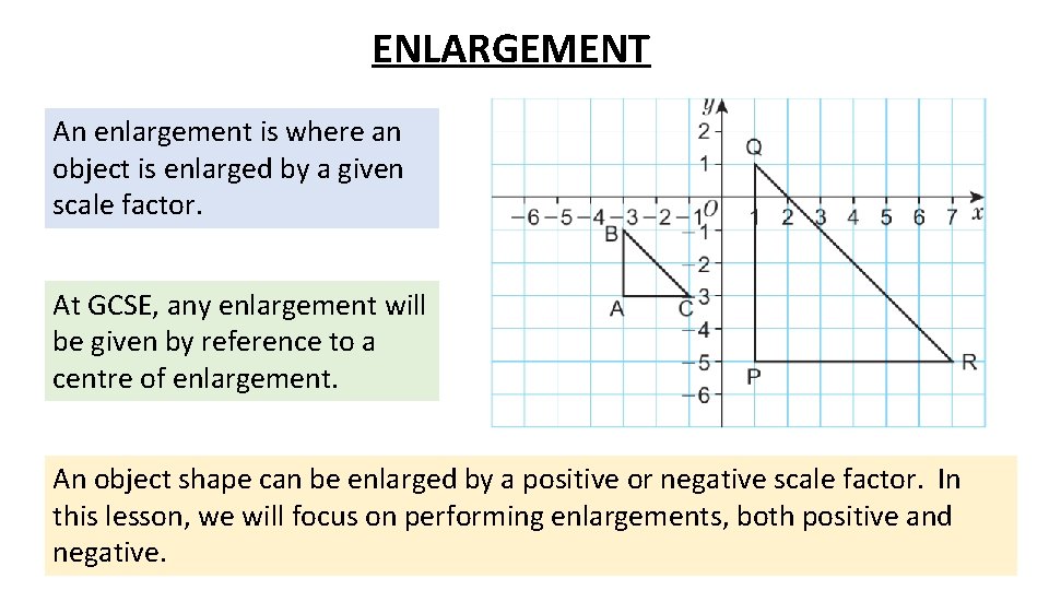 ENLARGEMENT An enlargement is where an object is enlarged by a given scale factor.