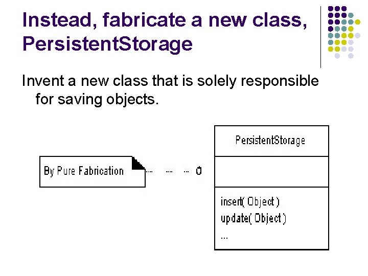 Instead, fabricate a new class, Persistent. Storage Invent a new class that is solely Instead, fabricate a new class, Persistent. Storage Invent a new class that is solely