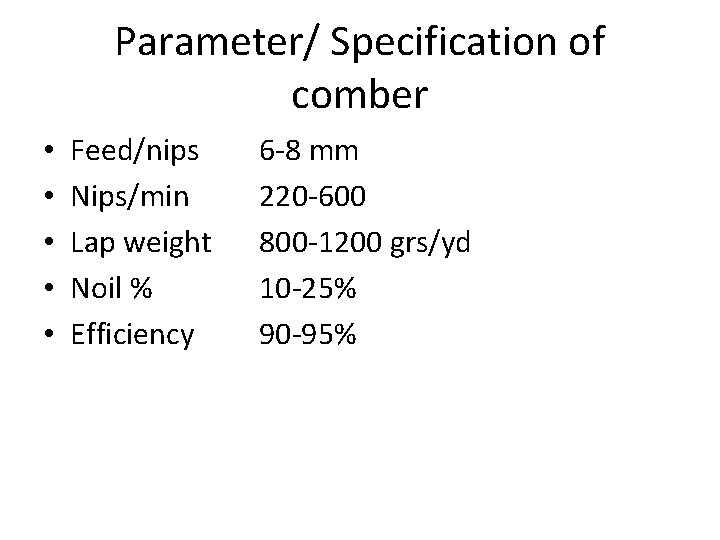 Parameter/ Specification of comber • • • Feed/nips Nips/min Lap weight Noil % Efficiency