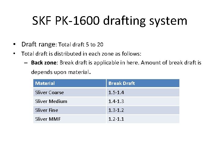 SKF PK-1600 drafting system • Draft range: Total draft 5 to 20 • Total