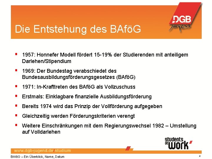 Die Entstehung des BAföG 1957: Honnefer Modell fördert 15 -19% der Studierenden mit anteiligem