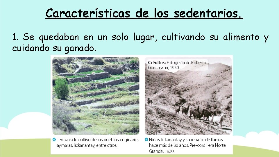 Características de los sedentarios. 1. Se quedaban en un solo lugar, cultivando su alimento