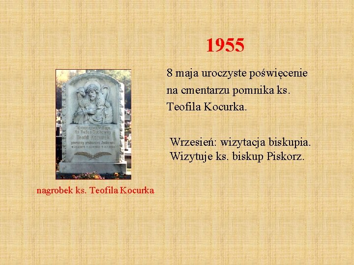 1955 8 maja uroczyste poświęcenie na cmentarzu pomnika ks. Teofila Kocurka. Wrzesień: wizytacja biskupia.