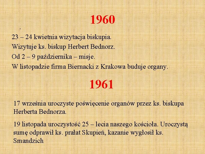 . 1960 23 – 24 kwietnia wizytacja biskupia. Wizytuje ks. biskup Herbert Bednorz. Od