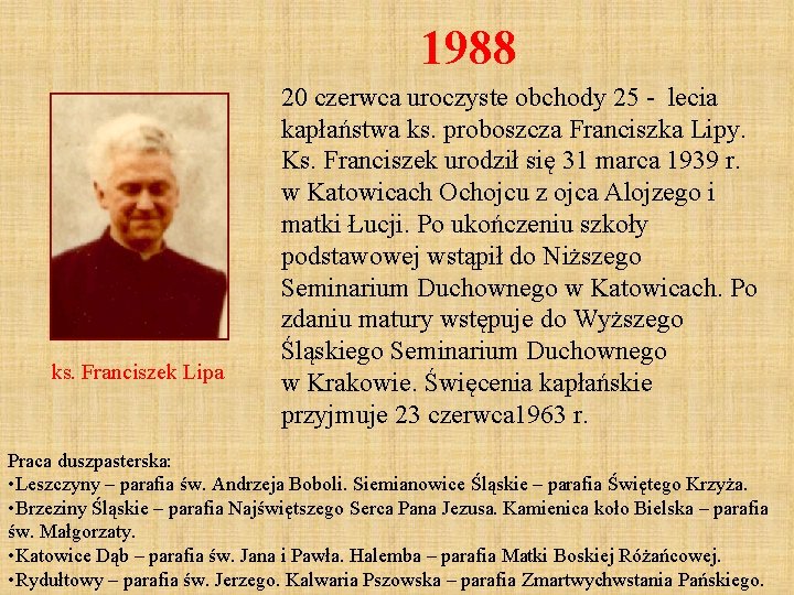 1988 ks. Franciszek Lipa 20 czerwca uroczyste obchody 25 - lecia kapłaństwa ks. proboszcza