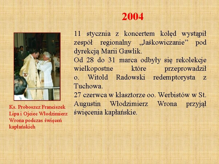 2004 Ks. Proboszcz Franciszek Lipa i Ojciec Włodzimierz Wrona podczas święceń kapłańskich 11 stycznia