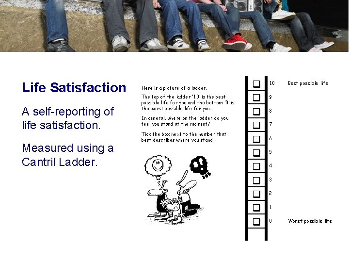 Life Satisfaction A self-reporting of life satisfaction. Measured using a Cantril Ladder. Here is