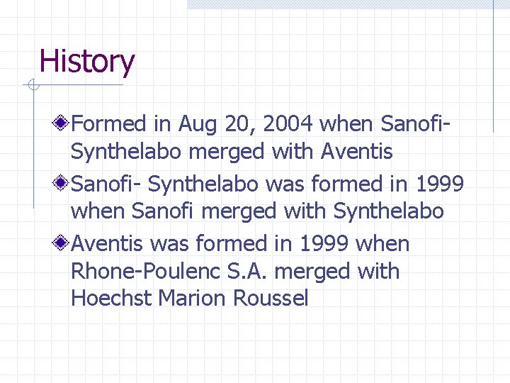 History Formed in Aug 20, 2004 when Sanofi. Synthelabo merged with Aventis Sanofi- Synthelabo