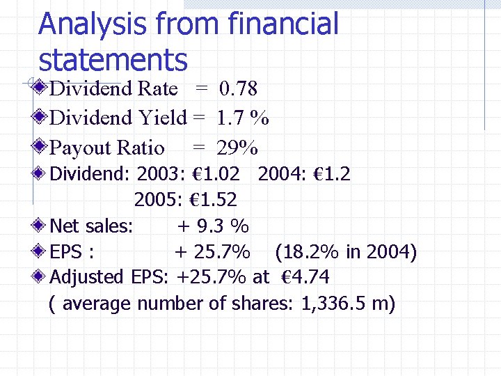 Analysis from financial statements Dividend Rate = 0. 78 Dividend Yield = 1. 7