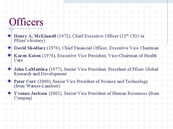 Officers Henry A. Mc. Kinnell (1972), Chief Executive Officer (12 th CEO in Pfizer’s