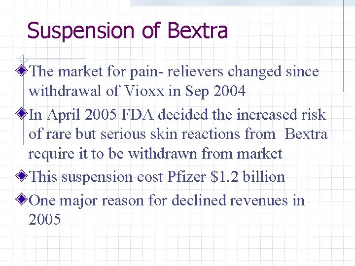 Suspension of Bextra The market for pain- relievers changed since withdrawal of Vioxx in