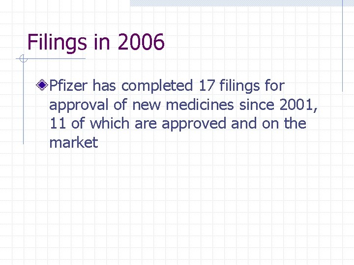 Filings in 2006 Pfizer has completed 17 filings for approval of new medicines since