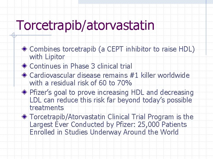 Torcetrapib/atorvastatin Combines torcetrapib (a CEPT inhibitor to raise HDL) with Lipitor Continues in Phase