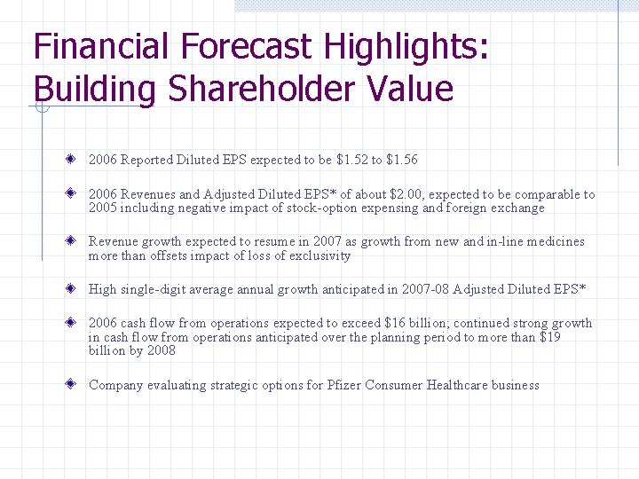 Financial Forecast Highlights: Building Shareholder Value 2006 Reported Diluted EPS expected to be $1.