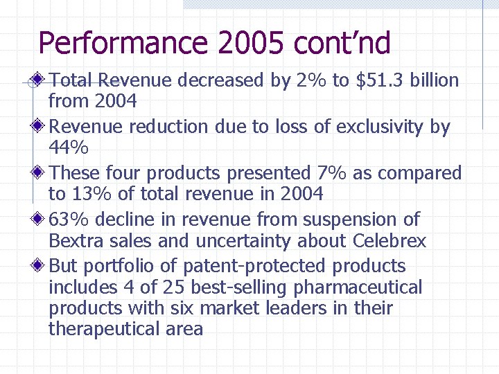 Performance 2005 cont’nd Total Revenue decreased by 2% to $51. 3 billion from 2004