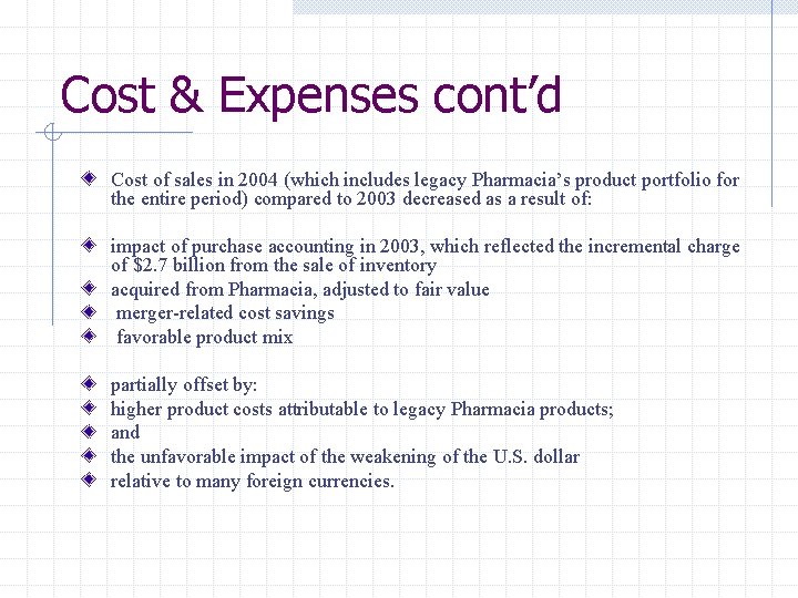 Cost & Expenses cont’d Cost of sales in 2004 (which includes legacy Pharmacia’s product