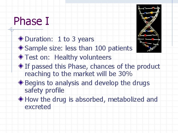 Phase I Duration: 1 to 3 years Sample size: less than 100 patients Test