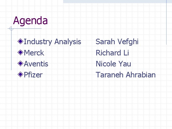 Agenda Industry Analysis Merck Aventis Pfizer Sarah Vefghi Richard Li Nicole Yau Taraneh Ahrabian