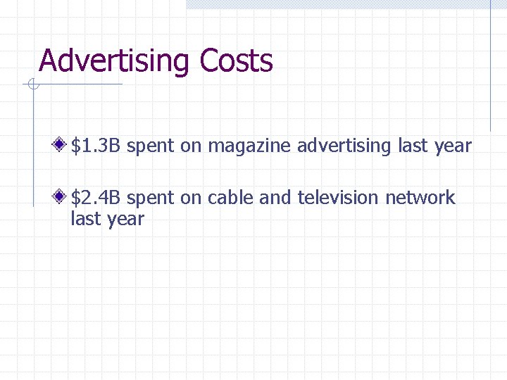 Advertising Costs $1. 3 B spent on magazine advertising last year $2. 4 B