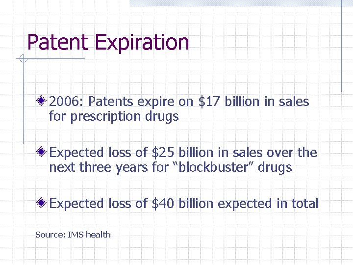 Patent Expiration 2006: Patents expire on $17 billion in sales for prescription drugs Expected